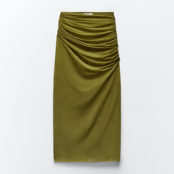 NWT Zara Ruched Organza Midi Skirt in Oil Yellow / Green / Chartreuse Brat Color - Picture 1 of 9